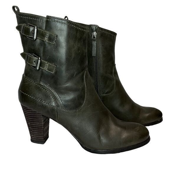 Biala Olive Leather Heeled Double Buckle Zip Ankle Booties Size 41 - Picture 1 of 12